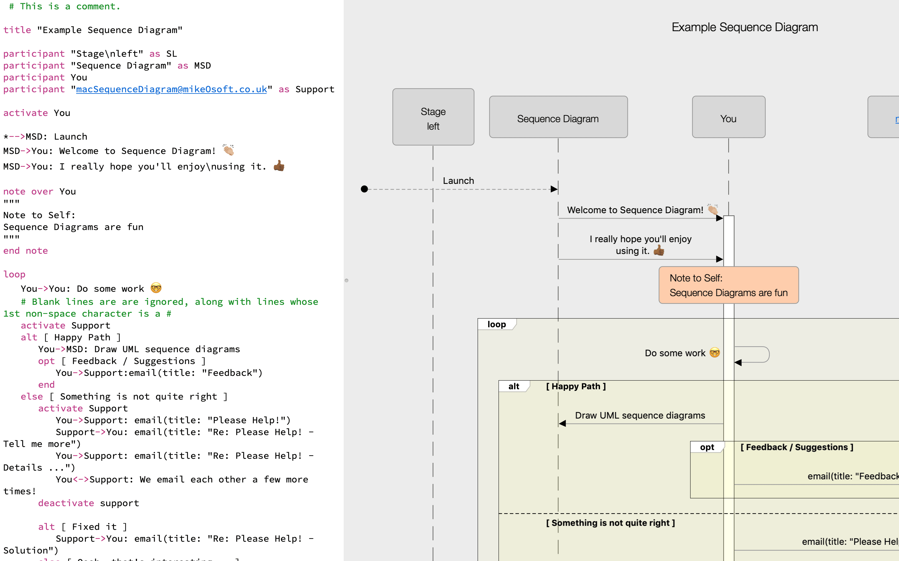 Sequence Diagram in light mode — code editor on the left, rendered diagram on the right